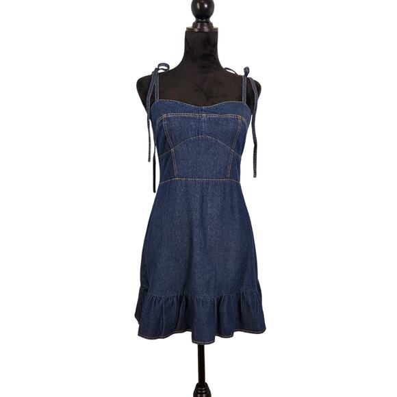 DAY + MOON NWT Denim Mini Dress with Ruffle Hem, Size Large - Picture 2 of 14